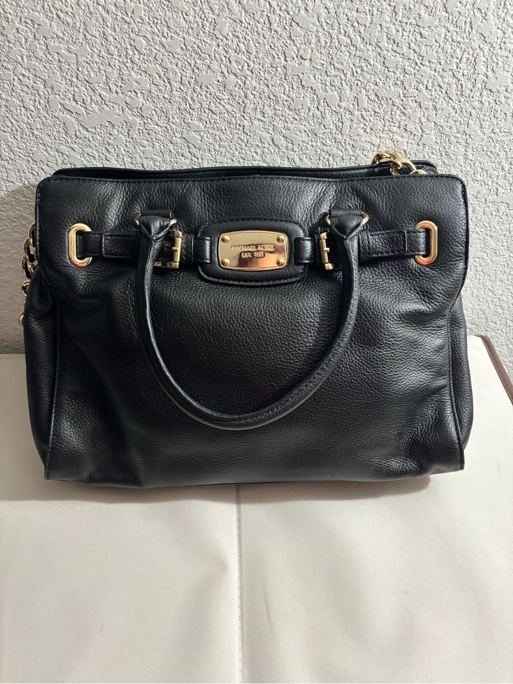 Michael Kors Black Leather Satchel with Gold Plate Accents